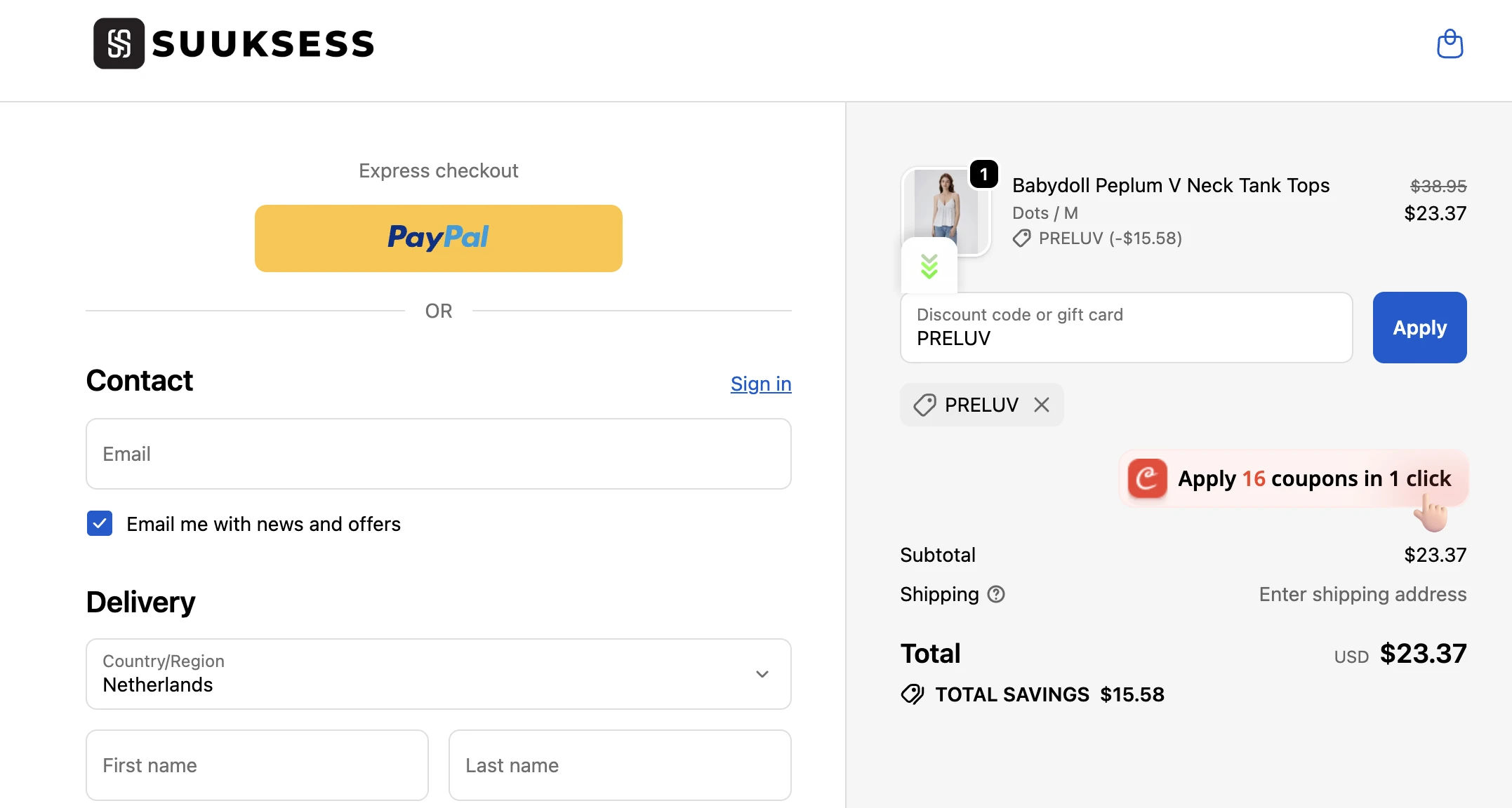 Suuksess verified Coupon code PRELUV